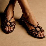Gilbia Dark Brown Summer Sandals with Metal Studs and Cut-Outs