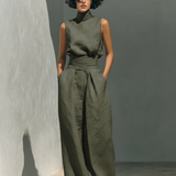 Conjunto Minimalista de Blusa Sin Mangas y Pantalón Ancho de Algodón y Lino